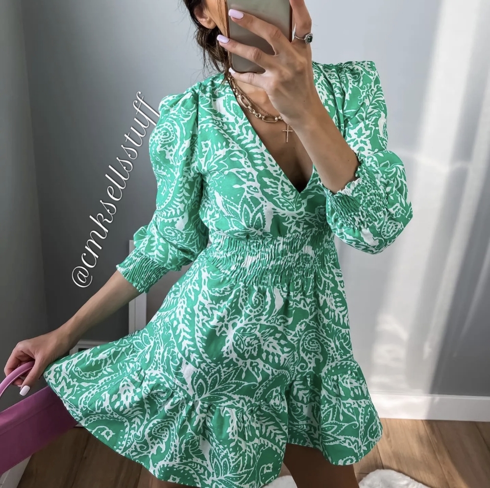ZARA LINEN BLEND RUFFLED FLORAL SHORT DRESS GREEN V-NECK M,L NWT